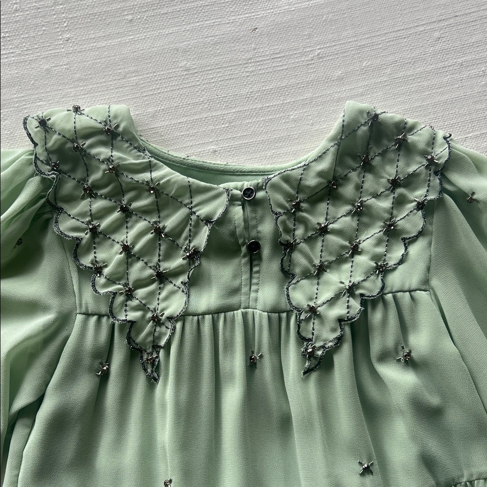 Mint Green Blouse with Embroidered Collar